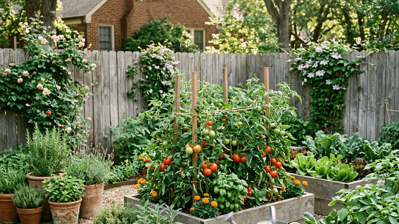 Home garden with raised vegetable beds and herbs in the sun